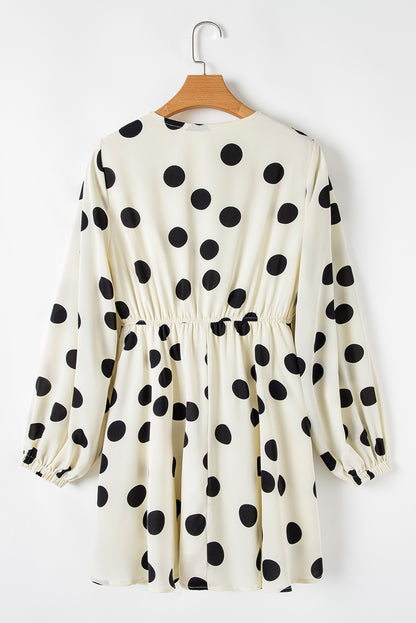 Polka Dot Printed Surplice V Neck Puff Sleeve Mini Dress | Beige