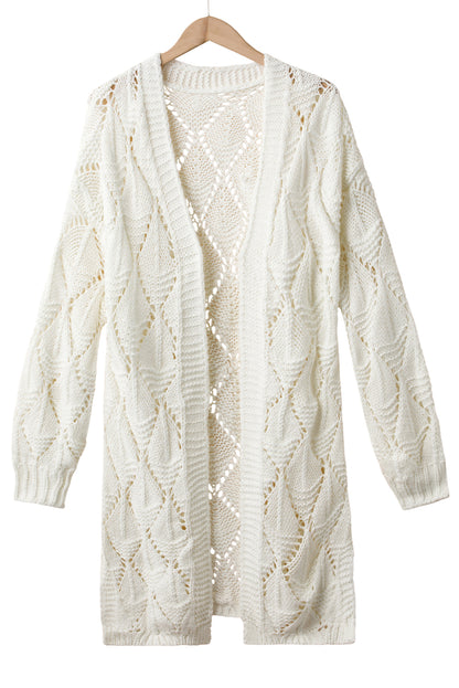 Rhombus Hollowed Knit Open Front Cardigan | White