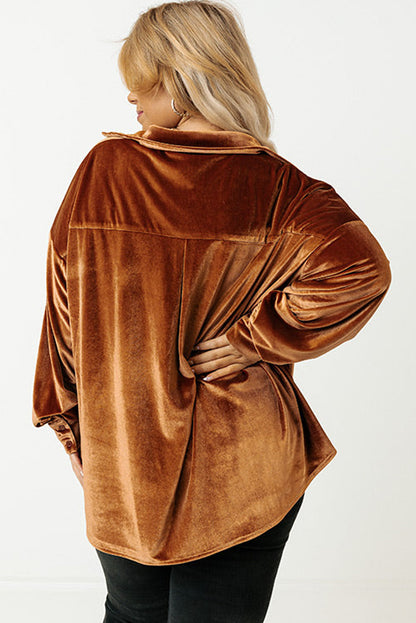 Plus Size Velvet Chest Pocket Drop Shoulder Shirt | Chestnut