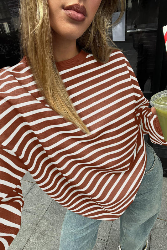 Coffee Striped Long Sleeve Round Neck Loose Top