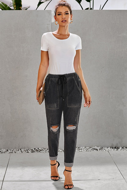 Gather Round Distressed Pocketed Denim Jogger | Black