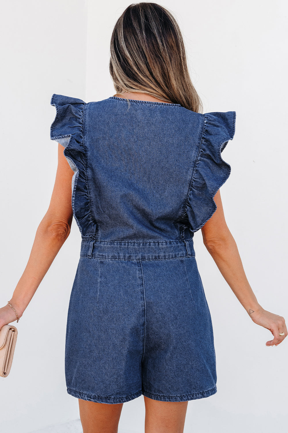 Denim Ruffled Zipped Front Belted Romper | Sail Blue