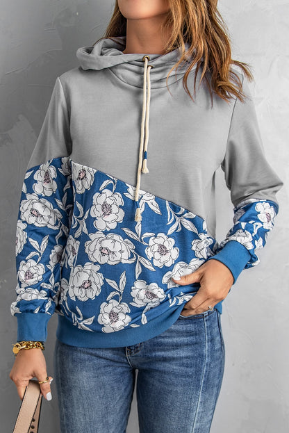 Floral Splicing Cowl Neck Hoodie | Gray