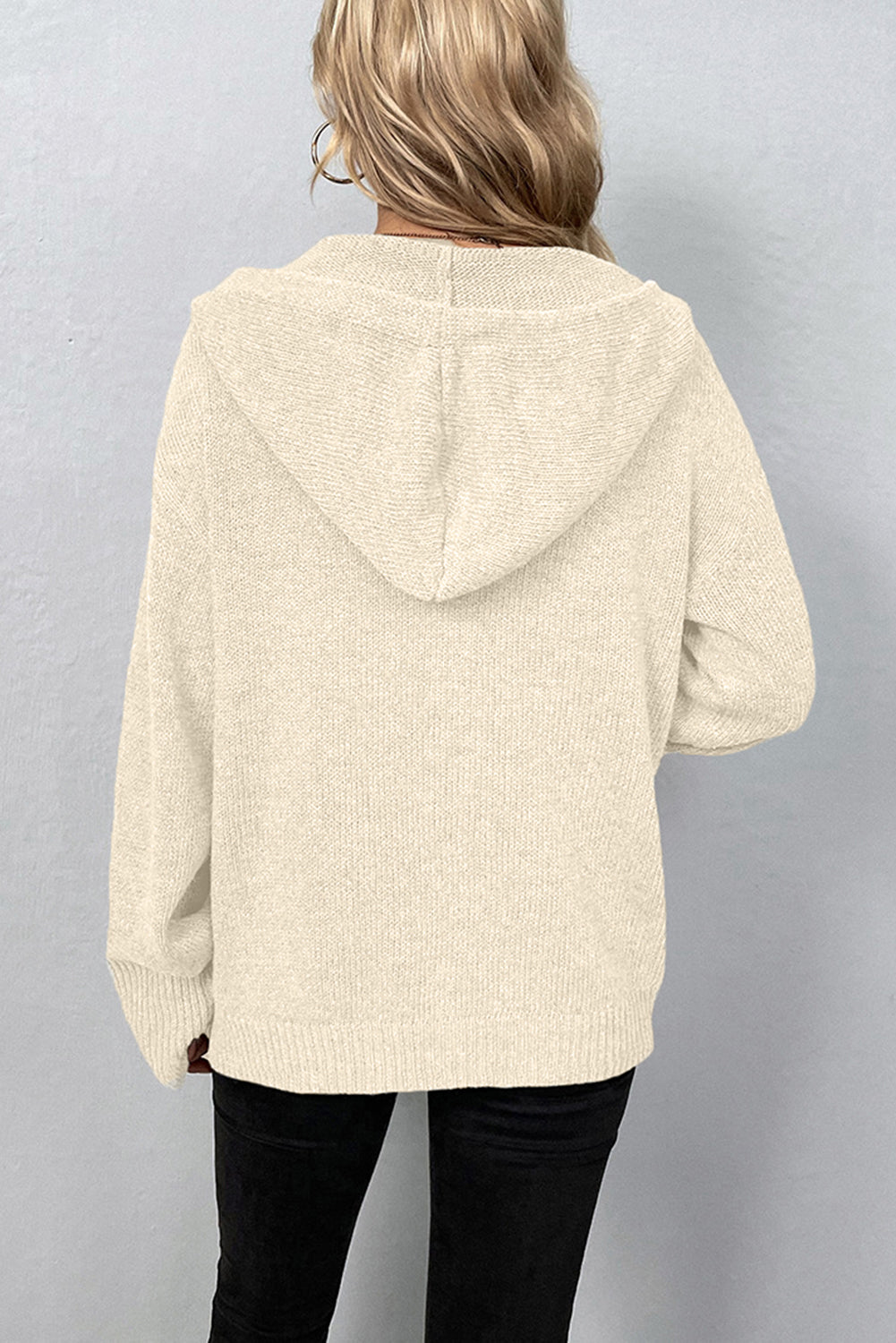 Drawstring Hooded Button Up Drop Shoulder Sweater Cardigan | White