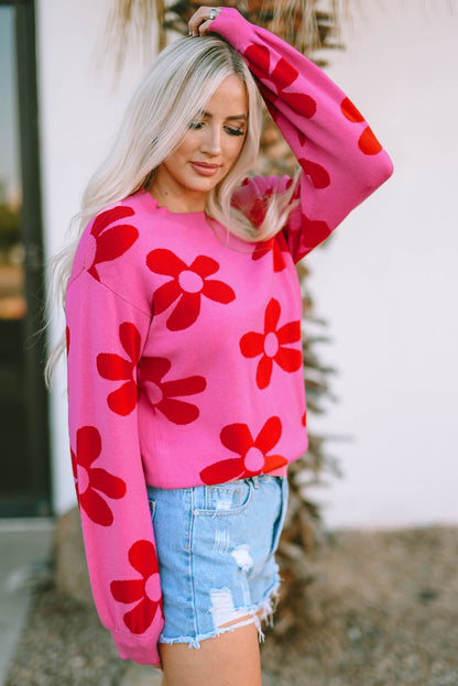 Big Flower Knit Ribbed Trim Sweater | Rose