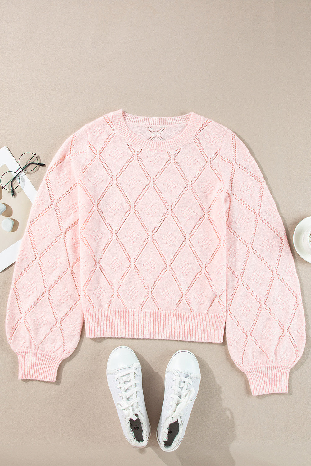 Openwork Plaid Puff Sleeve Cropped Sweater | Gossamer Pink