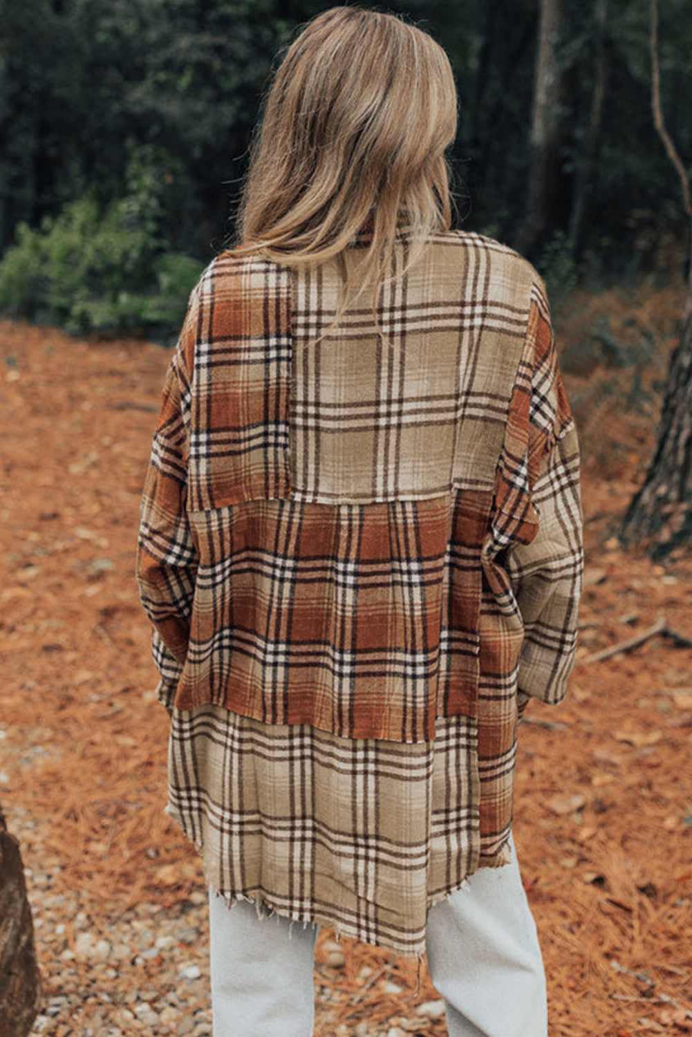 Plaid Colourblock Patchwork High Low Shacket | Khaki