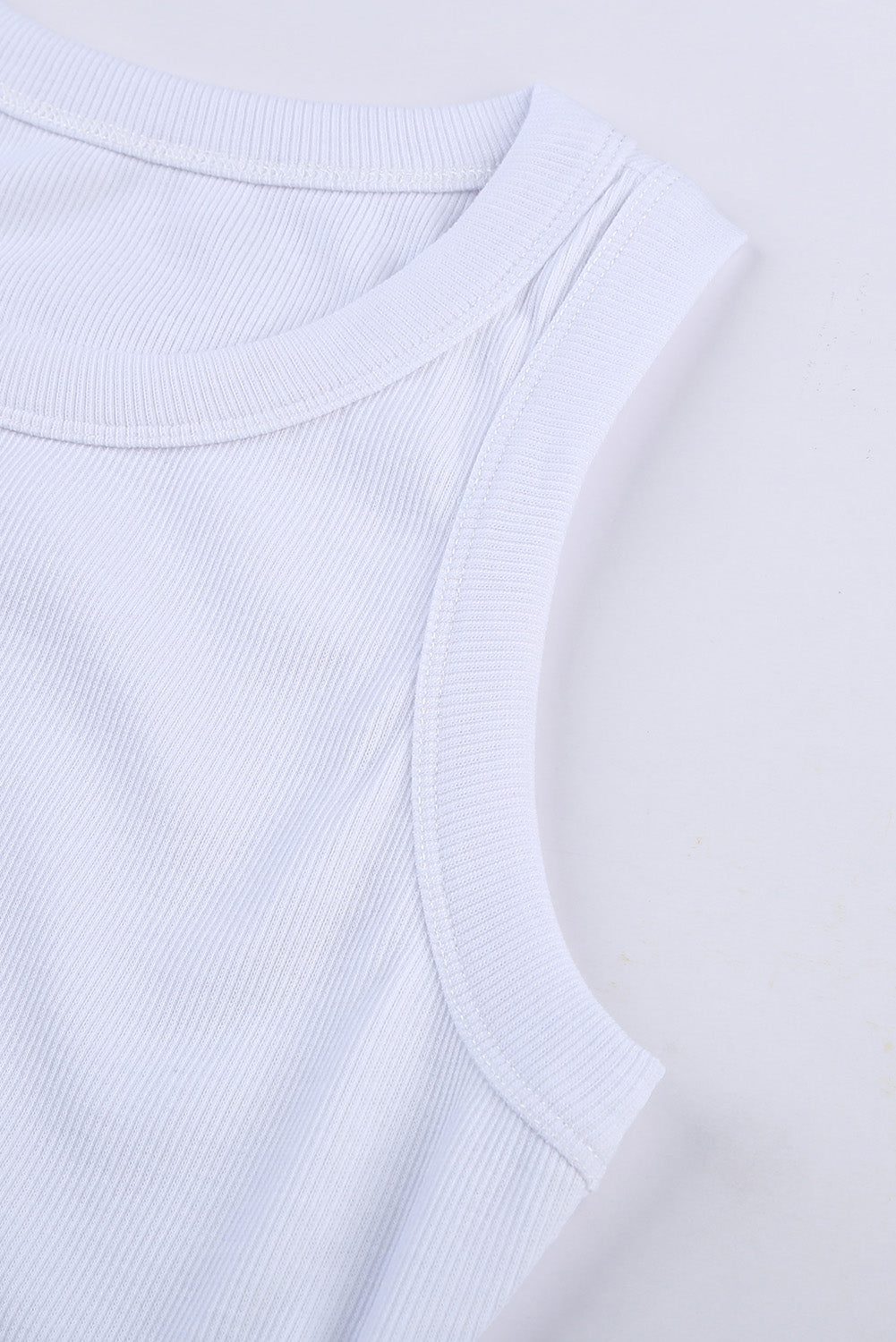 Solid  Round Neck Ribbed Tank Top | White