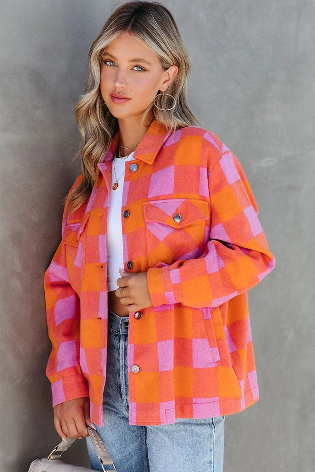 Plaid Chest Pockets Button-Up Turn Down Collar Jacket | Orange