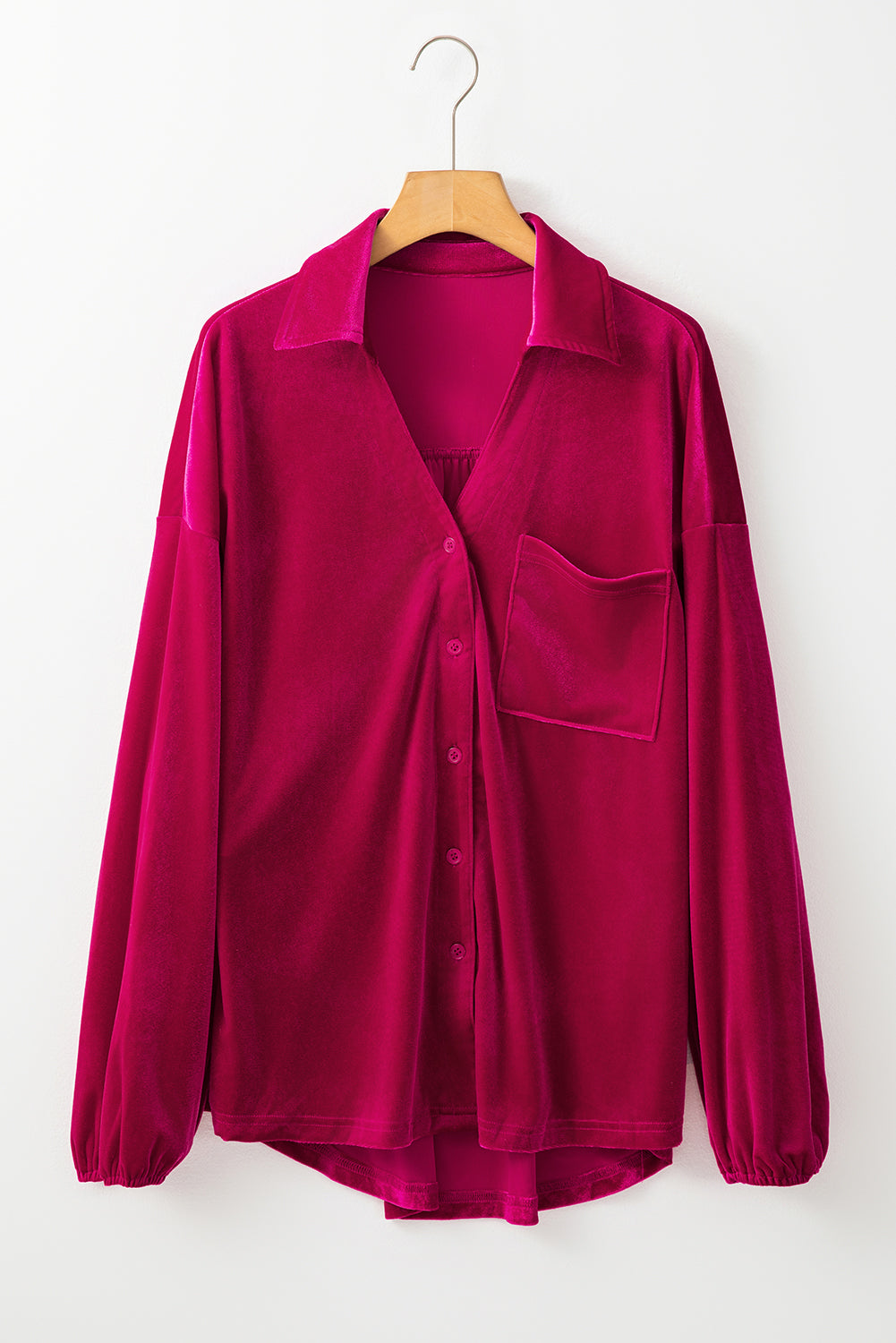 Buttoned V Neck Chest Pocket Velvet Shirt | Pitaya Pink