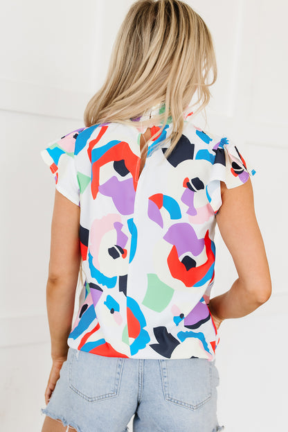 Abstract Print Ruffle Sleeve Smocked Blouse | Multicolour