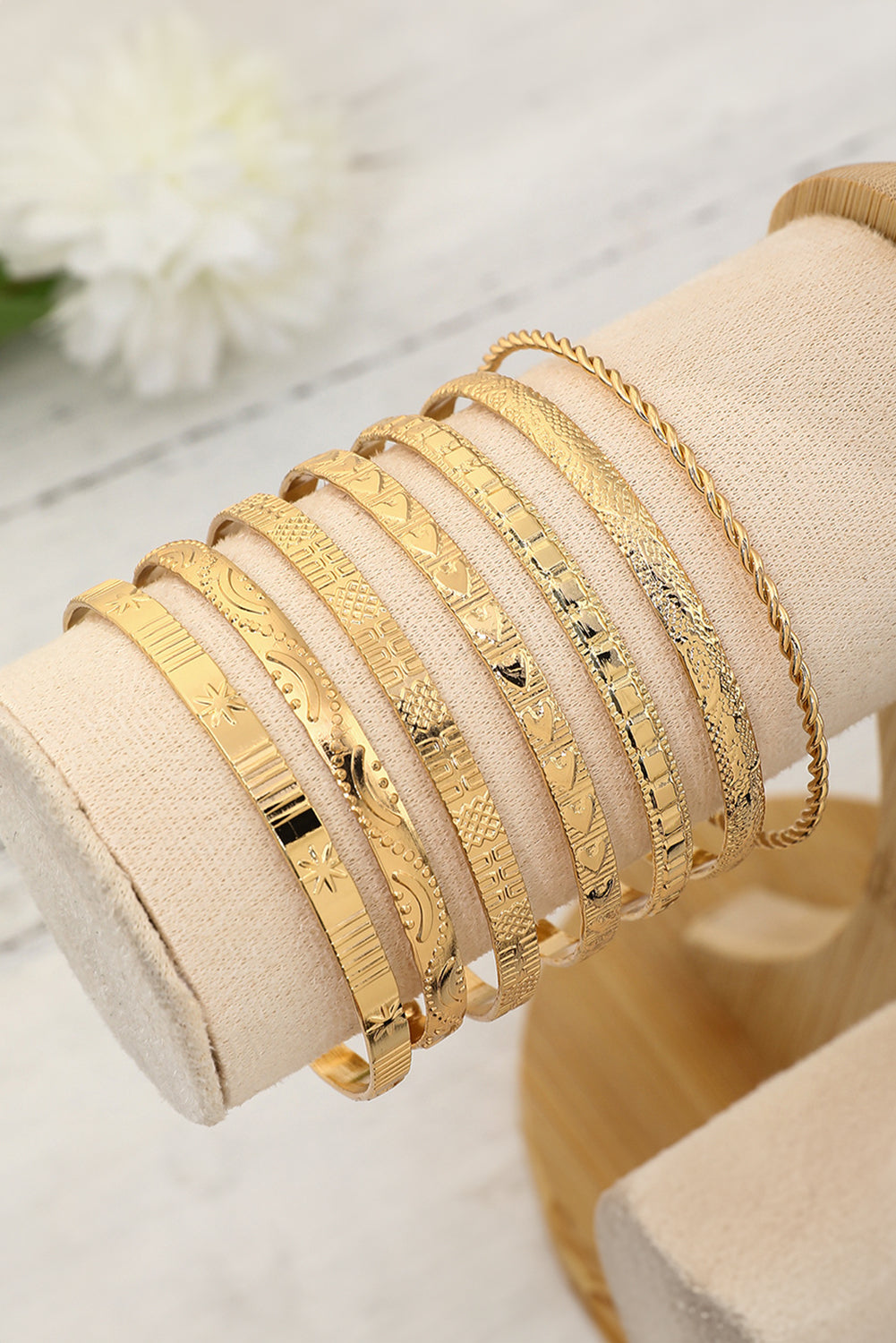 7Pcs/Set Textured Plated Open Alloy Bangle Set | Gold