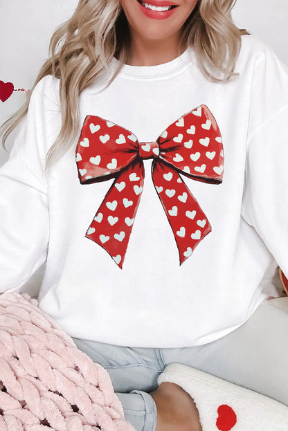 Heart Bow Printed Round Neck Valentines Pullover Sweatshirt | White