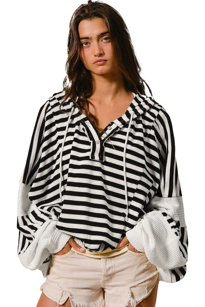 Black White Oversized Striped Henley Buttons Dolman Sleeve Hooded Top | Black white