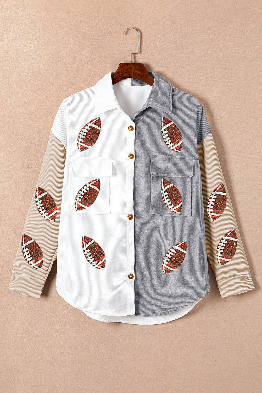 Sequin Rugby Graphic Flap Pockets Corduroy Shacket | White