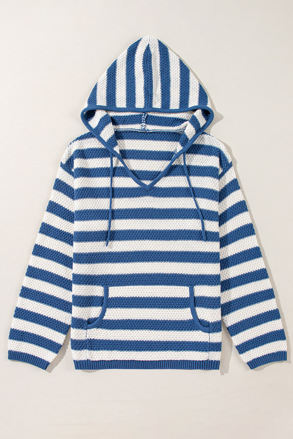 V Neck Pocketed Drawstring Hooded Sweater | Blue Stripe