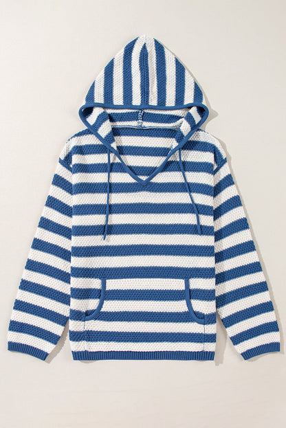 V Neck Pocketed Drawstring Hooded Sweater | Blue Stripe