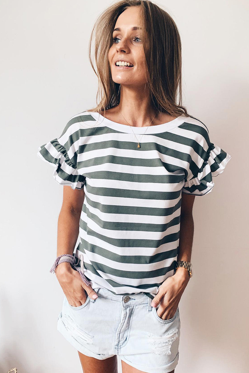 Striped V Neck Ruffle Sleeve Top | Sea Green