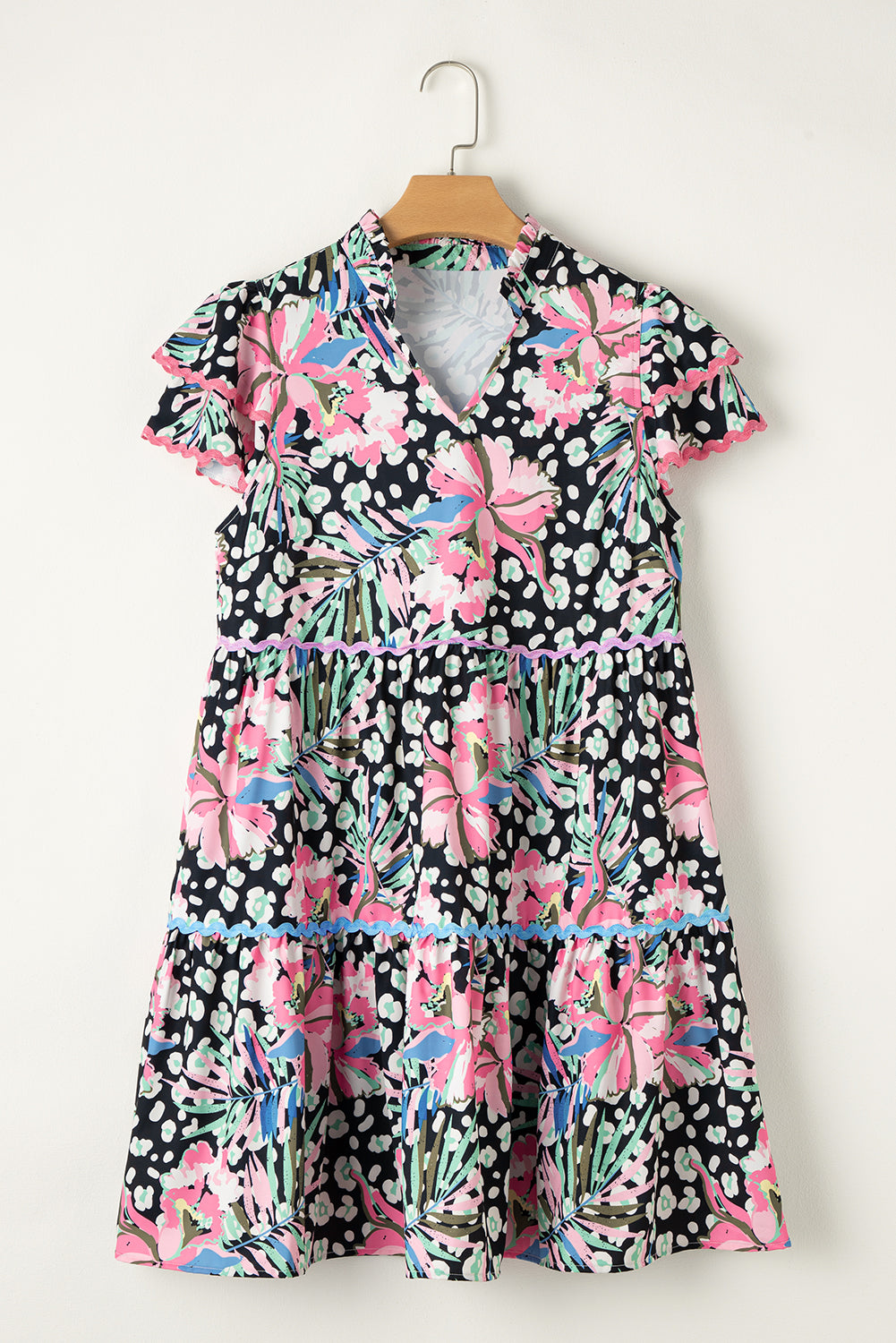 Floral Ricrac Embellished Tiered Mini Dress | Pink