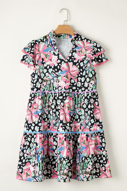 Floral Ricrac Embellished Tiered Mini Dress | Pink