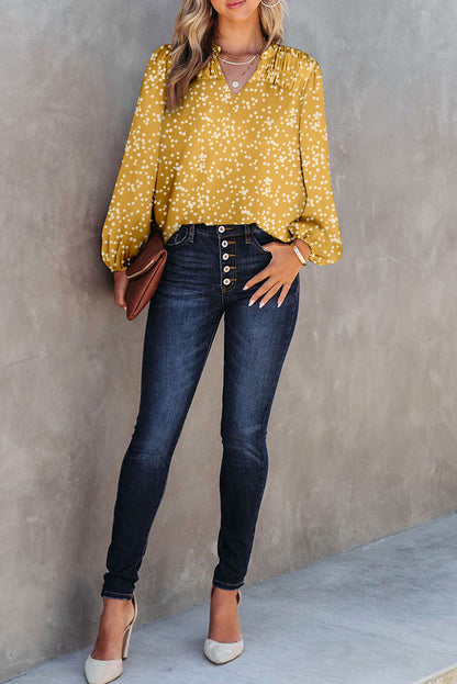 Split Neck Fall Printed Crinkled Blouse | Yellow