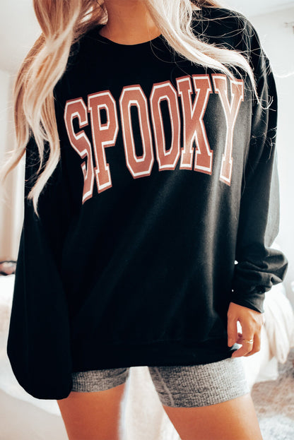 Spooky Graphic Drop Shoulder Halloween Pullover Sweatshirt | Black