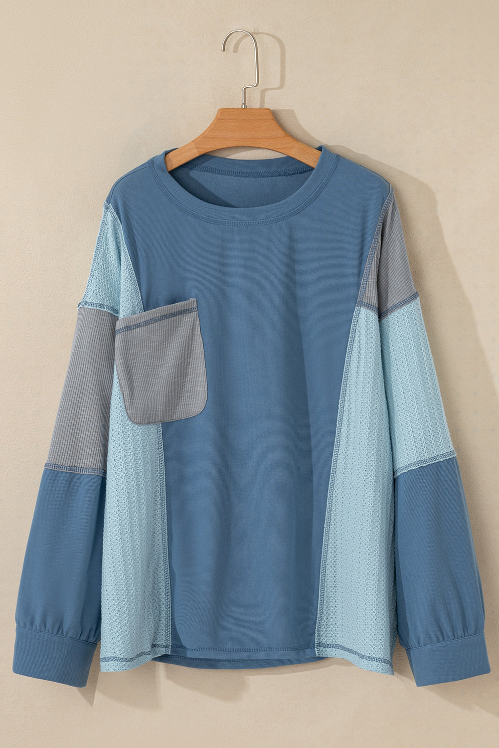 Colourblock Stitching Patchwork Buttoned Long Sleeve Top | Dusk Blue