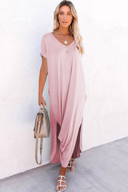 V Neck Hidden Pocket Splits Maxi T-Shirt Dress | Pink