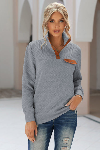 Quilted Snaps Stand Neck Pullover Sweatshirt With Fake Front Pocket | Gray