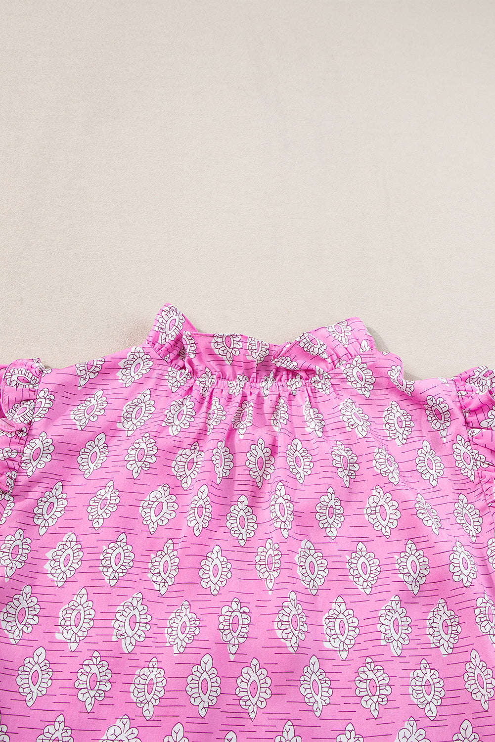 Vintage Floral Ruffled Split Neck Short Sleeve Blouse | Pink