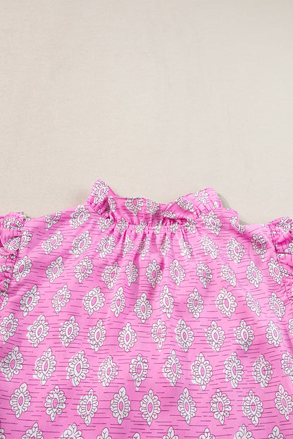 Vintage Floral Ruffled Split Neck Short Sleeve Blouse | Pink