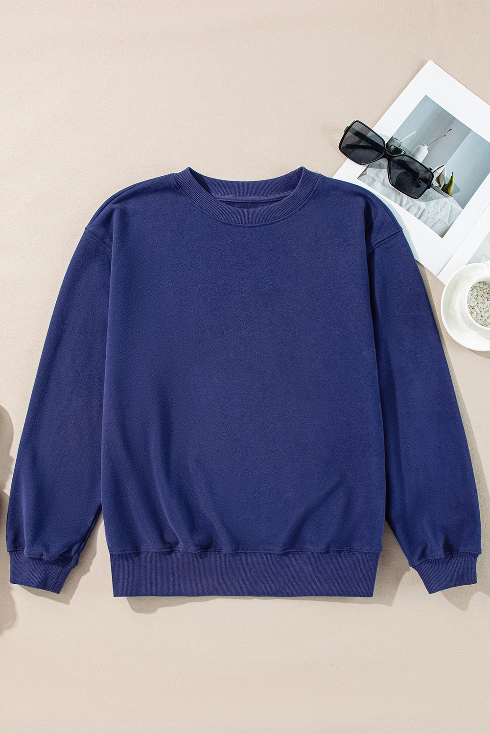 Plain Drop Shoulder Crewneck Pullover Sweatshirt | Navy Blue