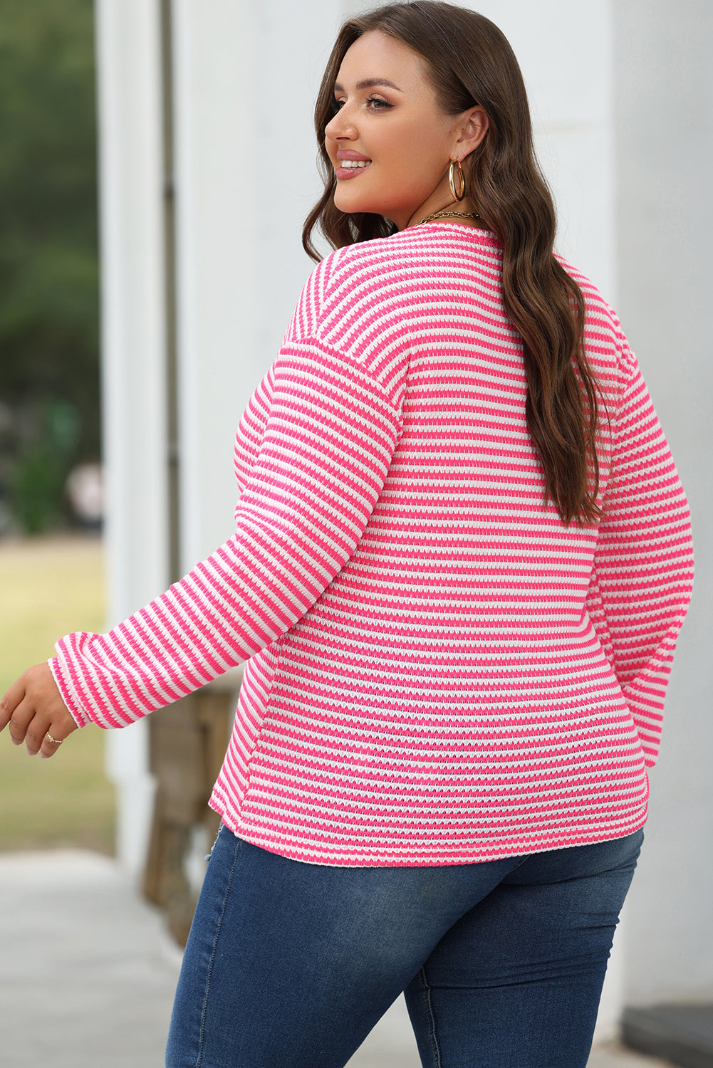 Round Neck Drop Shoulder Long Sleeve Top | Rose Stripe