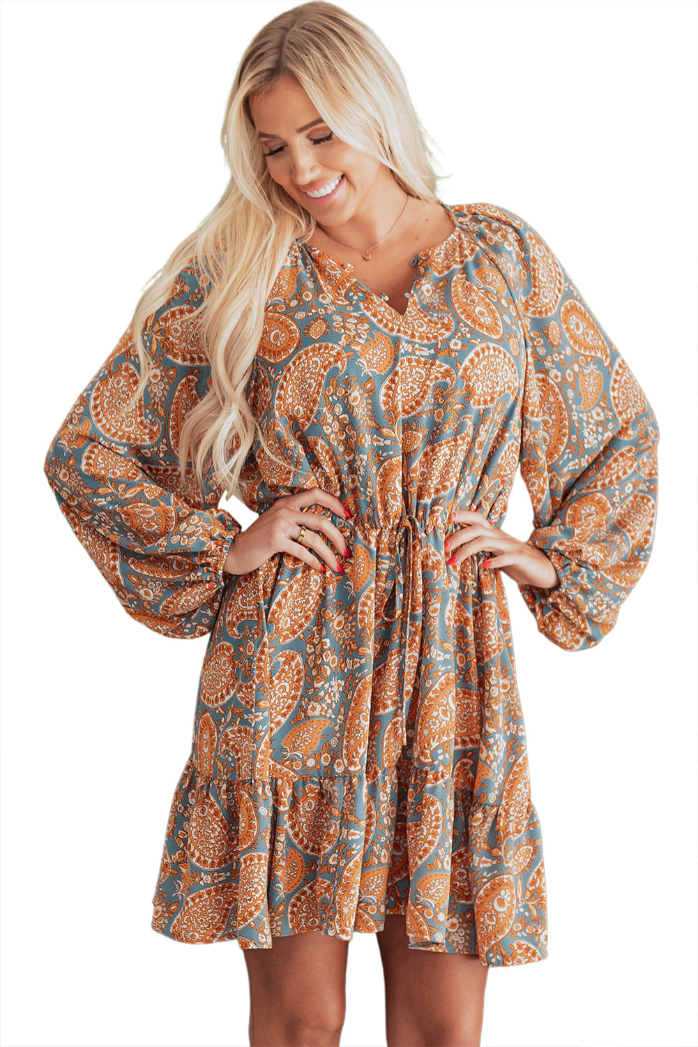 Paisley Print Loose Fit Drawstring High Waist Mini Dress | Orange