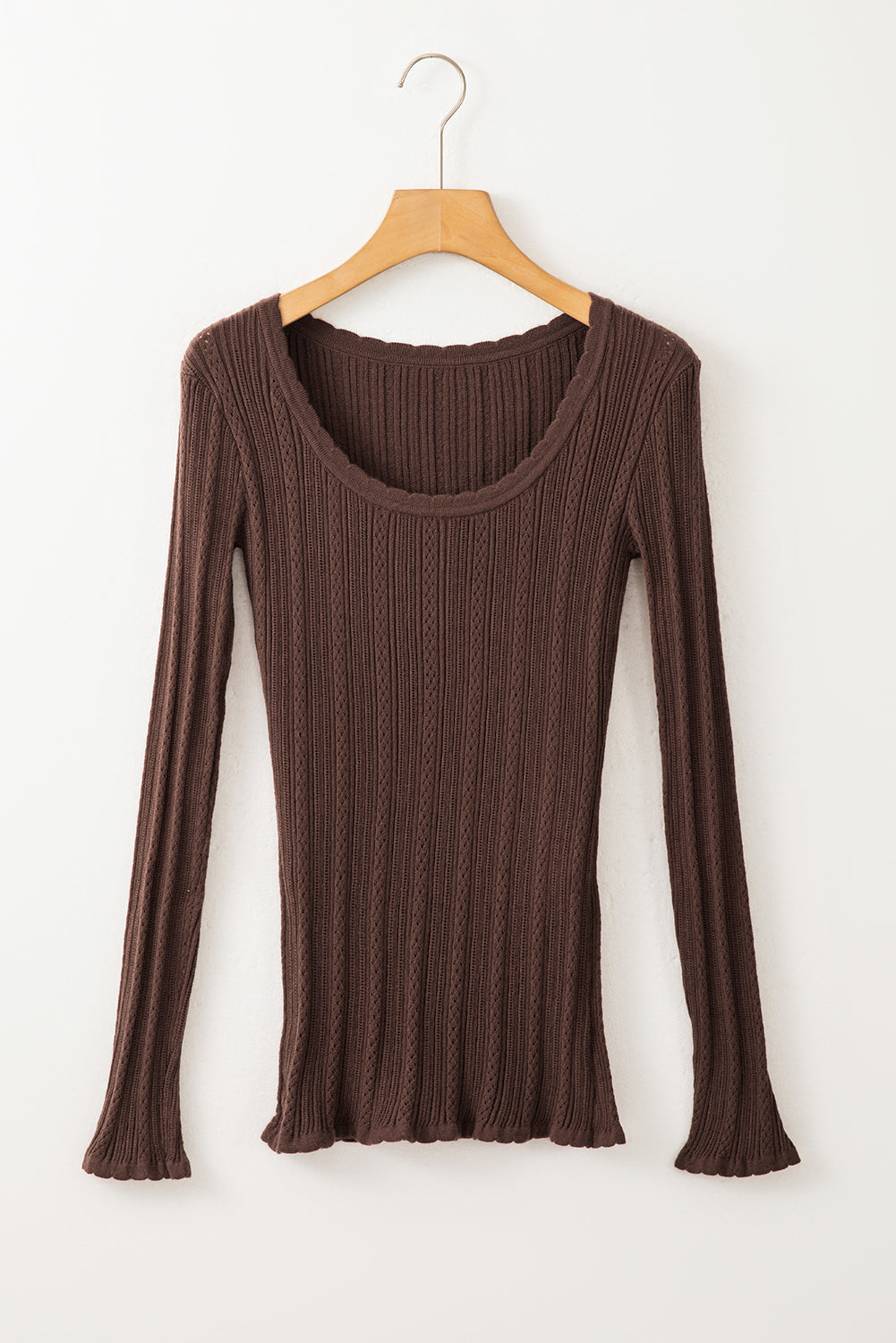 Solid Colour Rib Knit U Neck Slim Fit Long Sleeve Top | Coffee