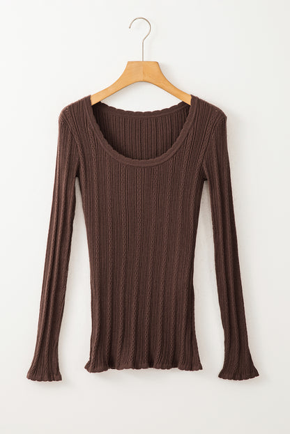 Solid Colour Rib Knit U Neck Slim Fit Long Sleeve Top | Coffee