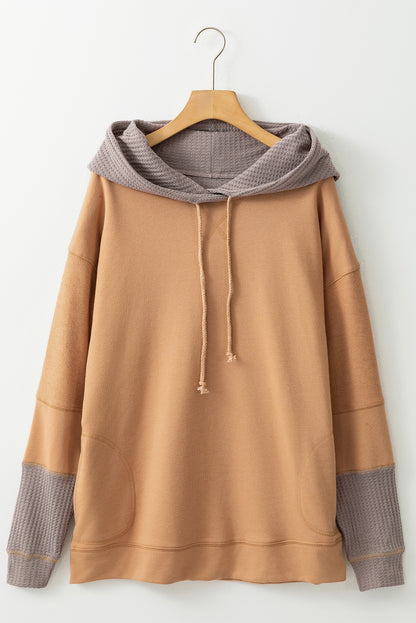 Contrast Hood Patchwork Pocketed Baggy Sweatshirt | Camel