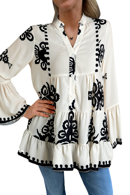 Abstract Printed Bell Sleeve Buttoned Tiered Babydoll Blouse | White