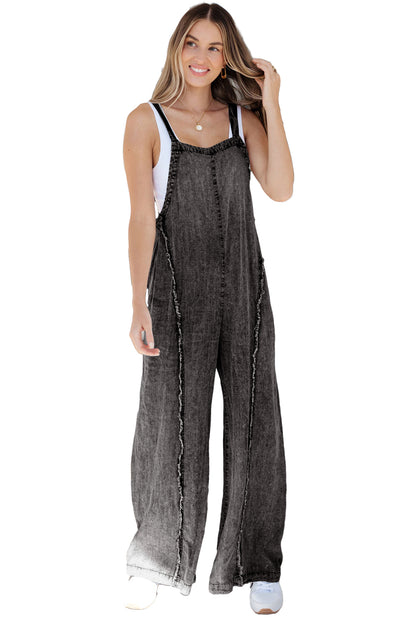 Light Wash Frayed Exposed Seam Wide Leg Denim Overall | Dark Grey