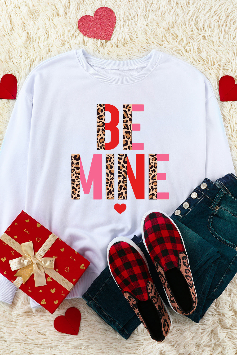 Be Mine Leopard Heart Print Long Sleeve Sweatshirt | White