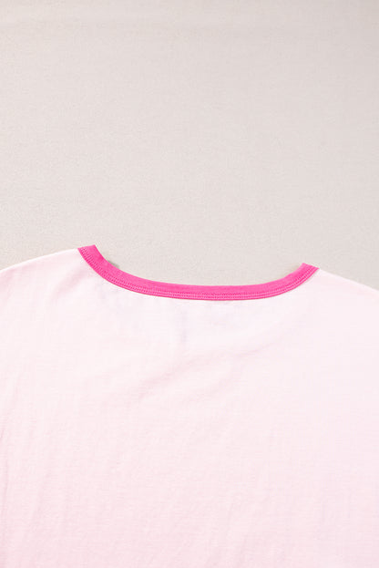 Colour Block Half Sleeve O Neck Plus Size T Shirt | Pink