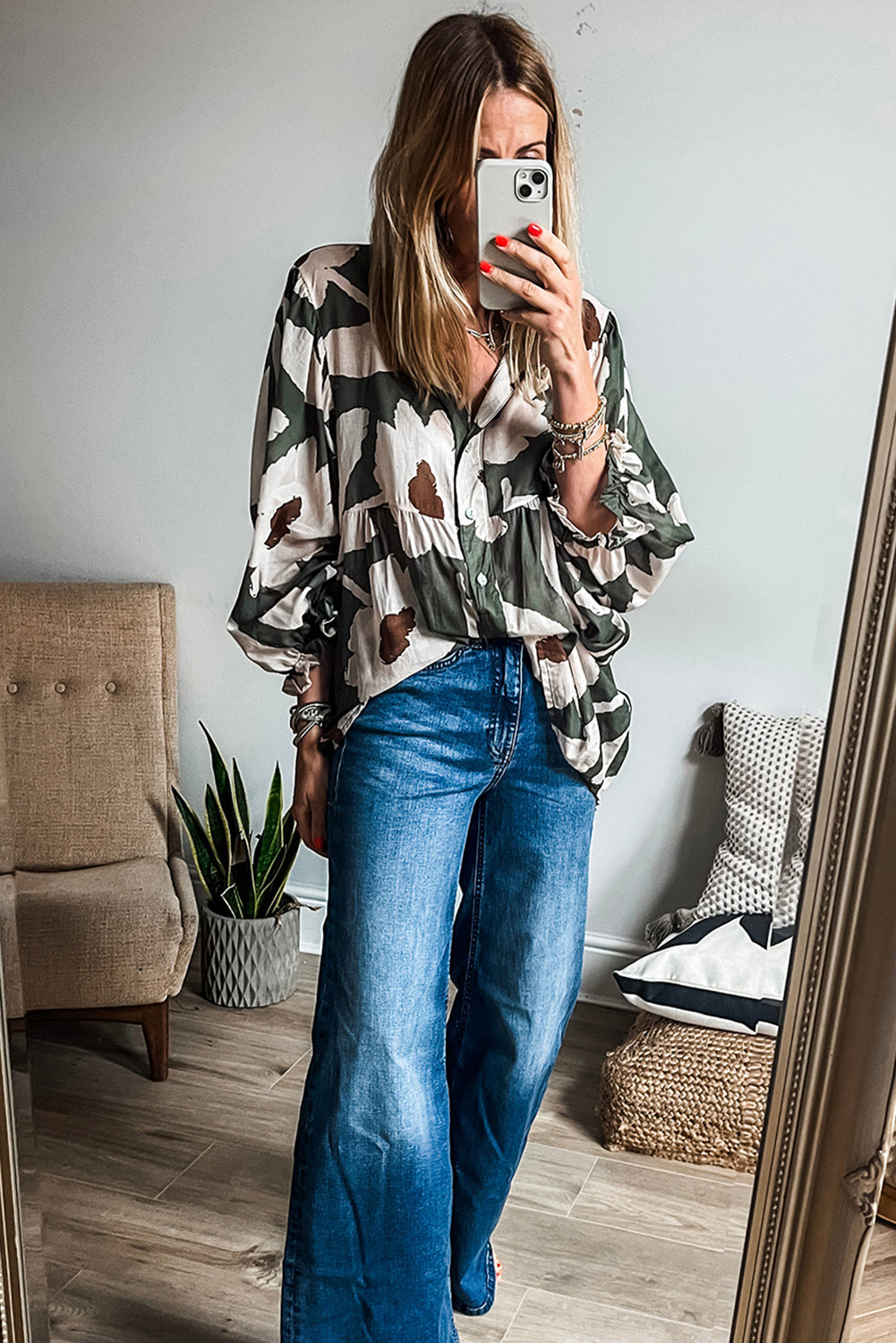 Abstract Floral Print Puff Sleeve Half Button Blouse | Four Leaf Clover