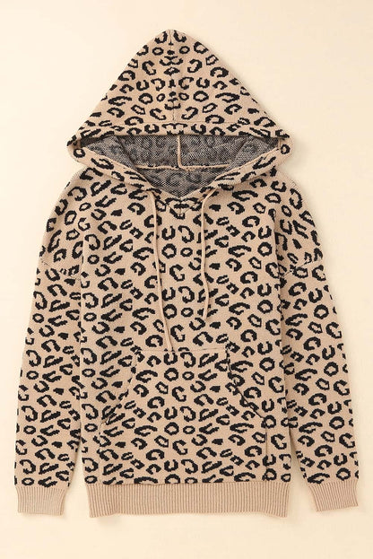 Leopard Knitted Drawstring Hooded Sweater | Khaki