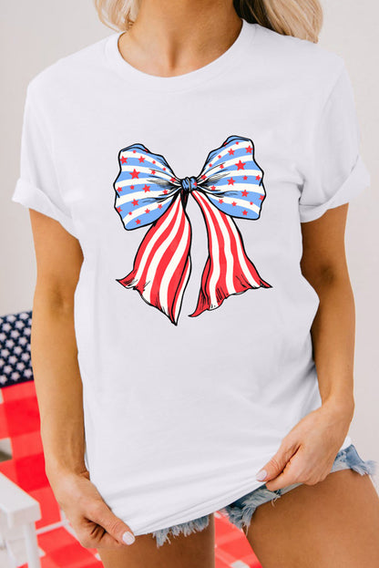 Stripes And Stars Bowknot Print T Shirt | White