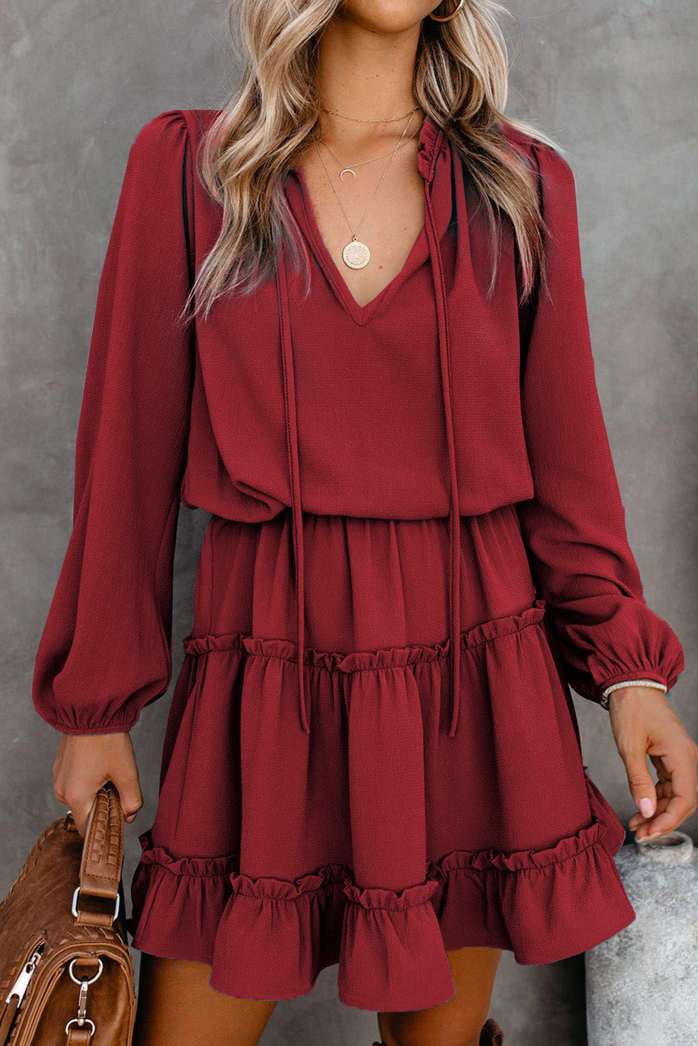 V Neck Long Sleeve Ruffle Tiered Mini Dress | Red