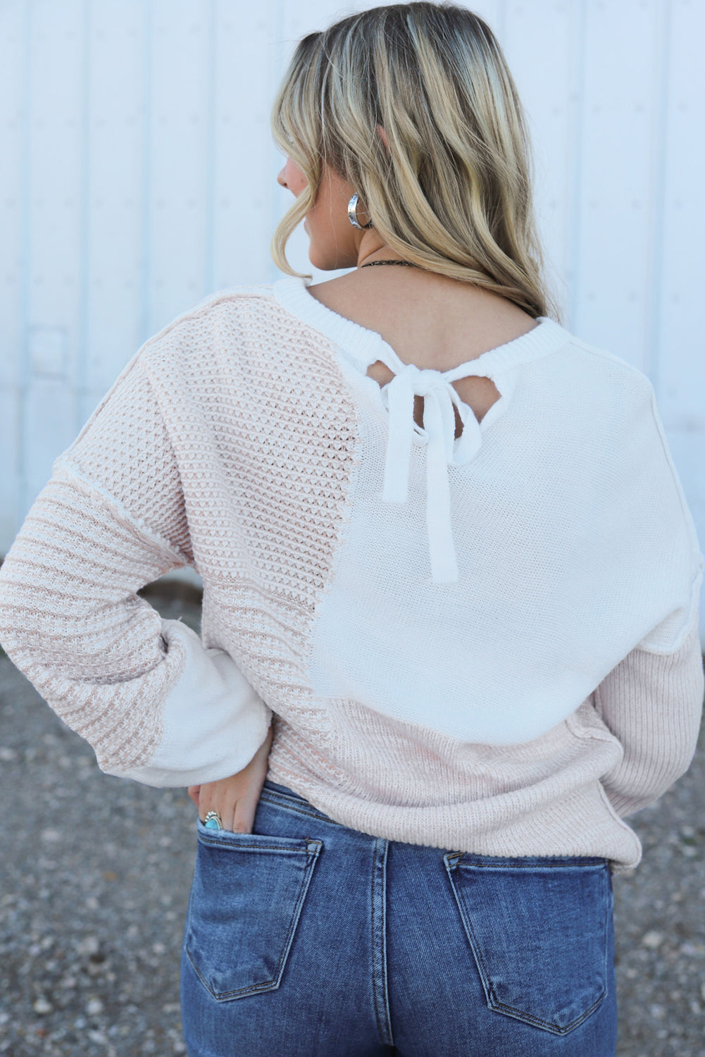 Mixed Pattern Knit Tie Keyhole Drop Shoulder Sweater | Oatmeal