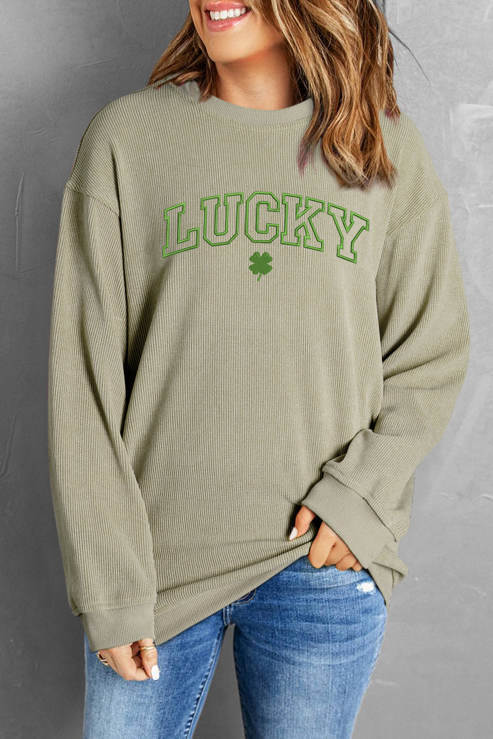 Lucky Clover Embroidered Corded Crewneck Sweatshirt | Green