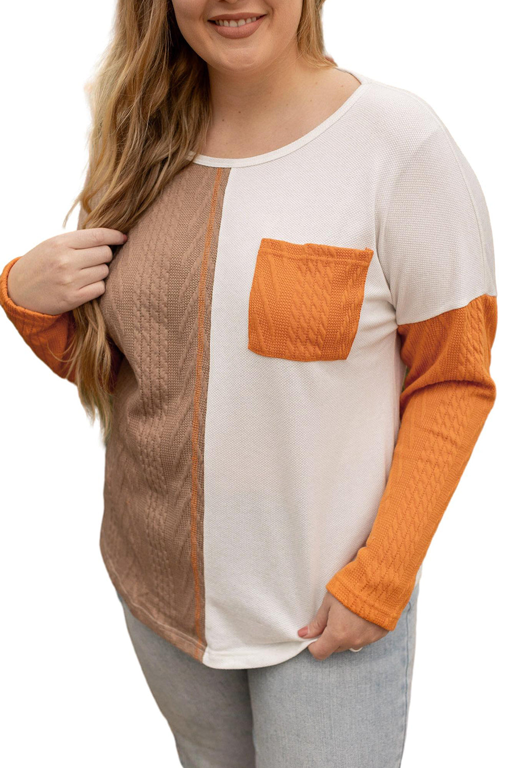 Plus Size Colour Block Textured Patchwork Top With Pocket | Chestnut