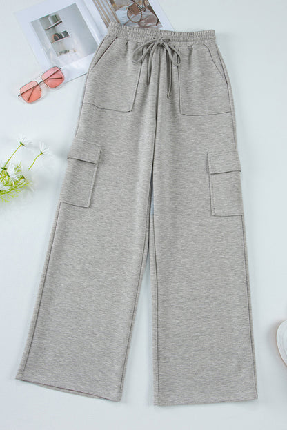 Multi Pockets Lace-Up High Waist Wide Leg Workout Pants | Light Grey