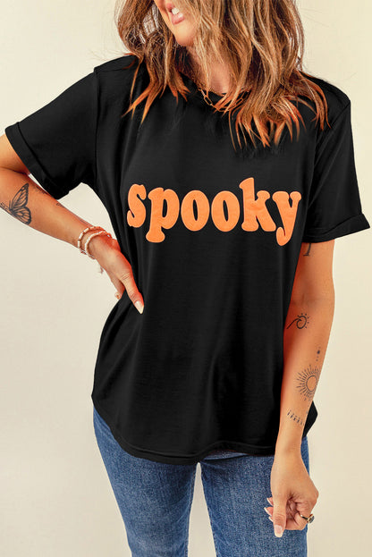 Halloween Spooky Crew Neck Casual Graphic Tee | Black